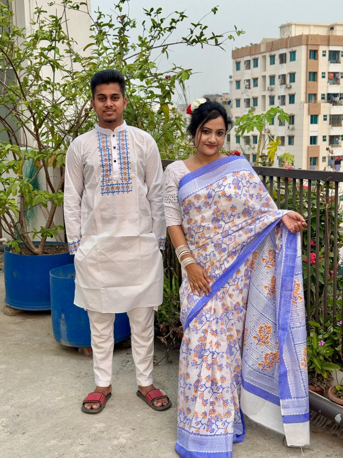 Premium Half Silk Sharee & Panjabi Couple Set | Red White Skin Print Traditional Outfit