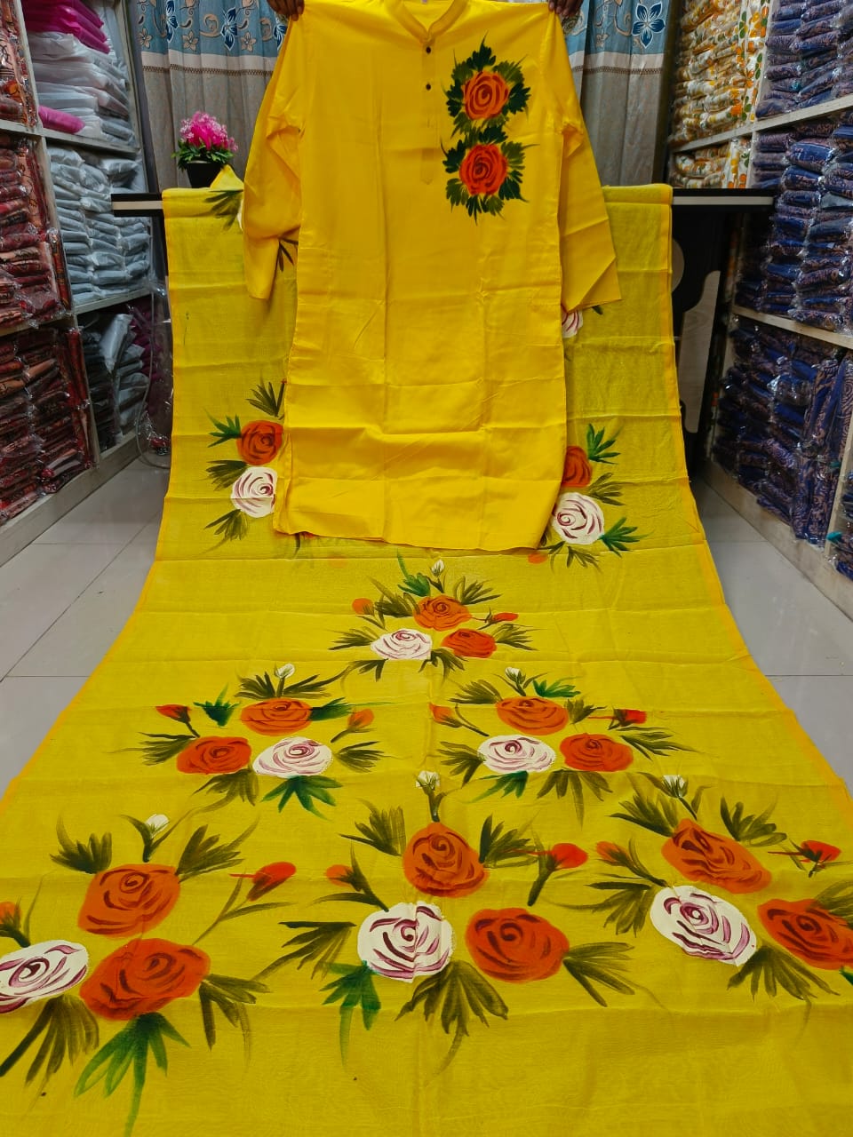 Hand Painted Couple Sharee & Panjabi Set | Half Silk Sharee with Dhupian Panjabi