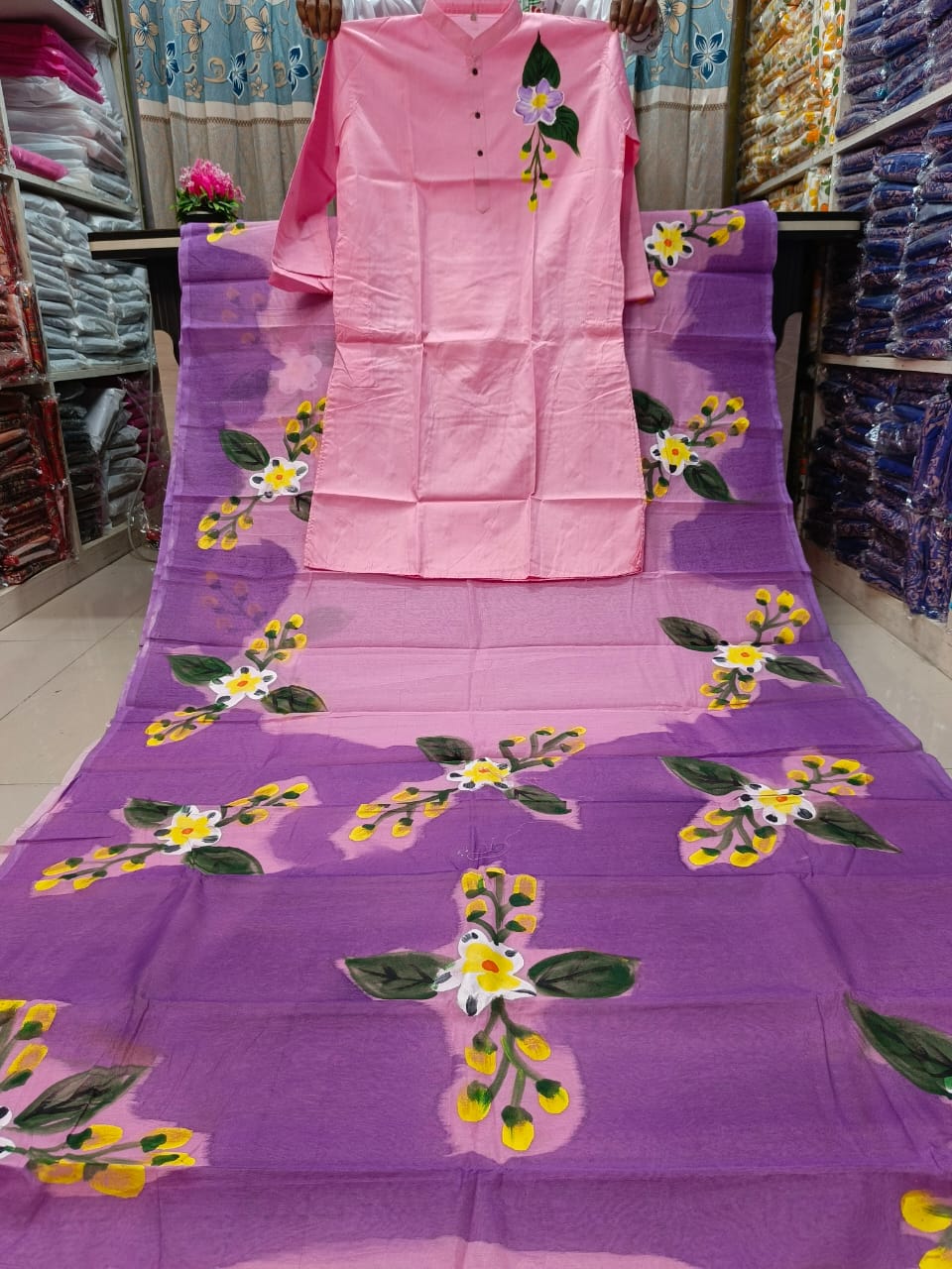 Hand Painted Couple Sharee & Panjabi Set | Half Silk Sharee with Dhupian Panjabi