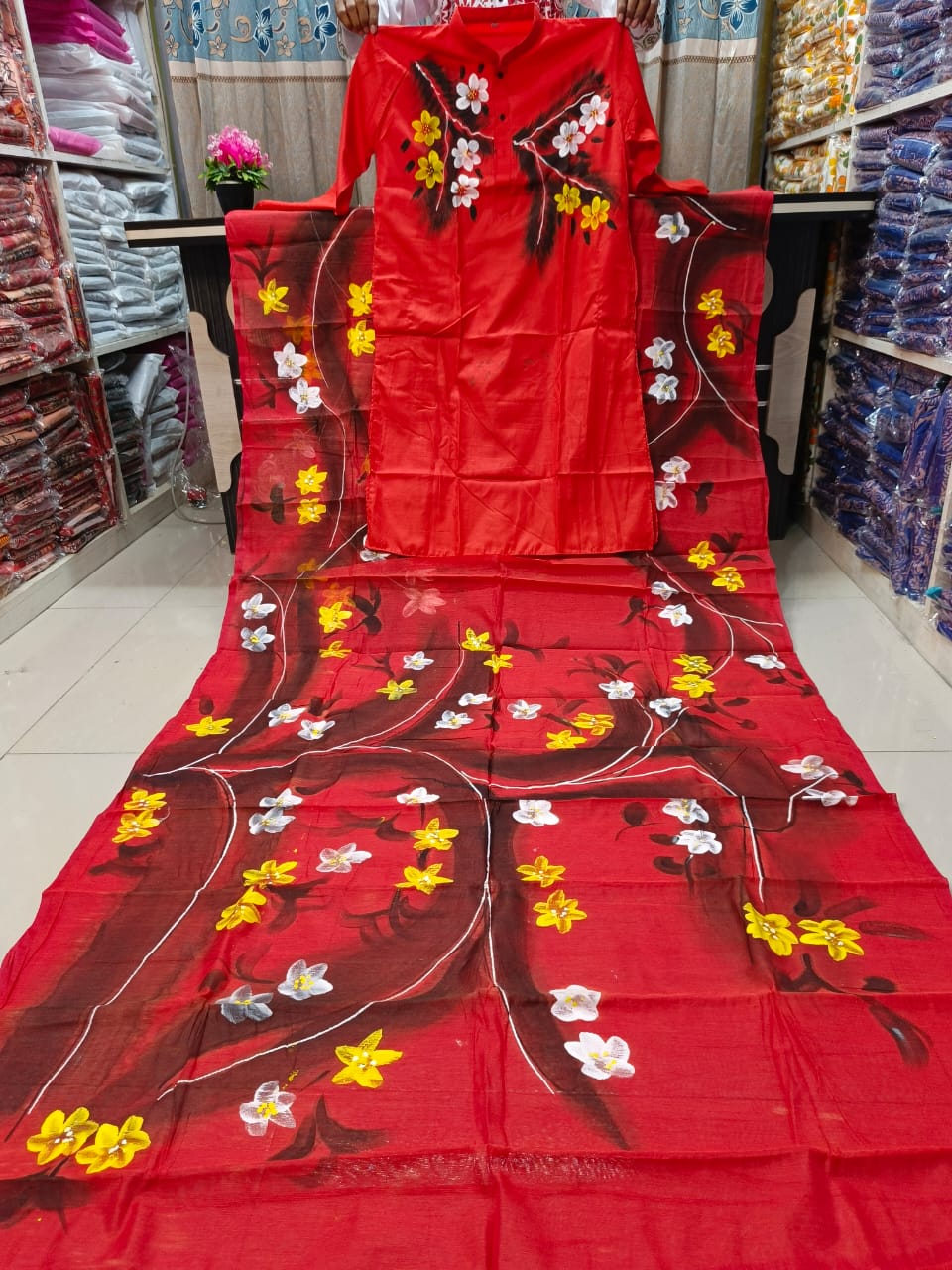 Hand Painted Couple Sharee & Panjabi Set | Half Silk Sharee with Dhupian Panjabi