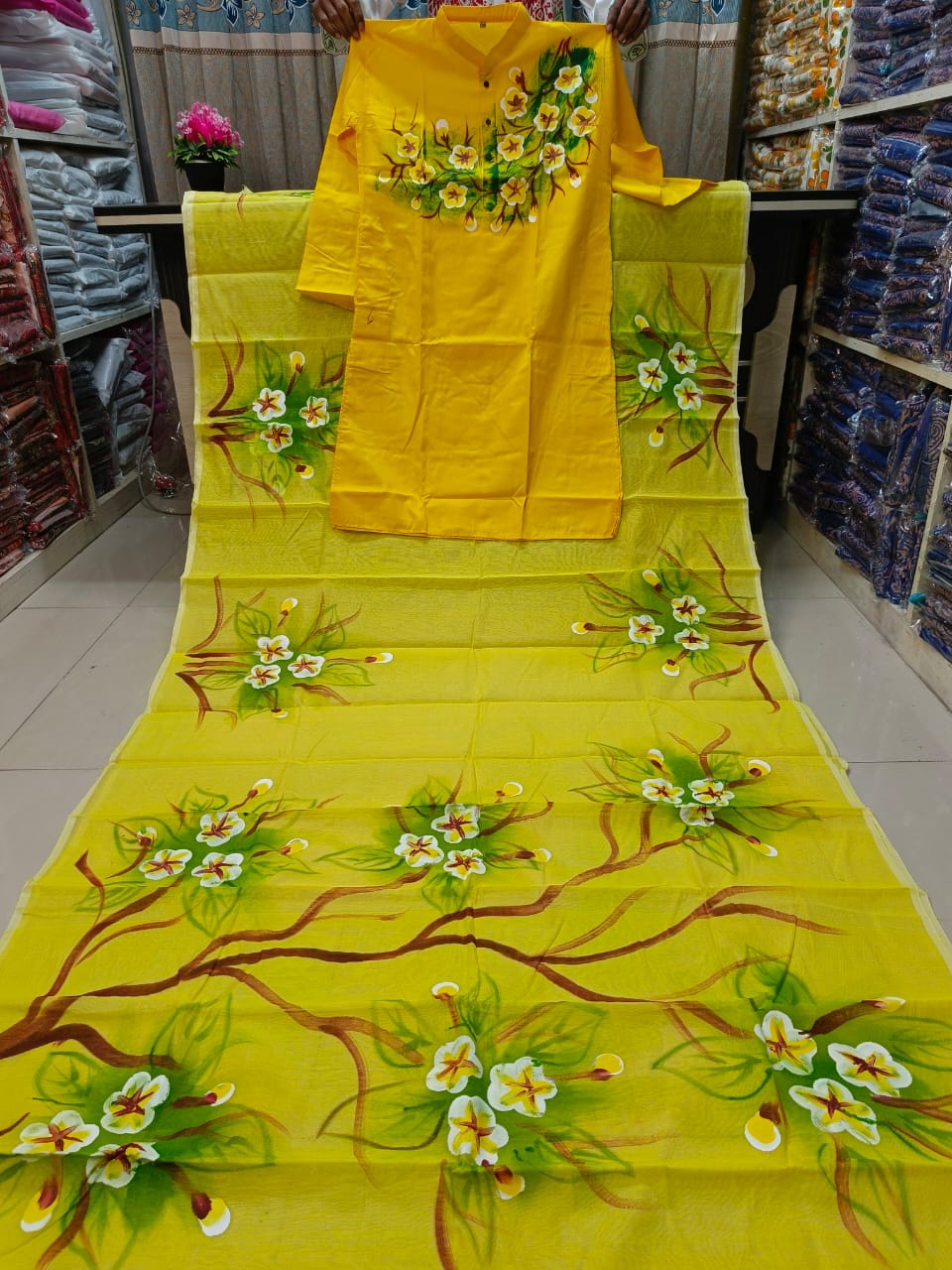 Hand Painted Yellow Couple Sharee Panjabi Set | হাফ সিল্ক শাড়ি ও ধুপিয়ান পাঞ্জাবি কম্বো