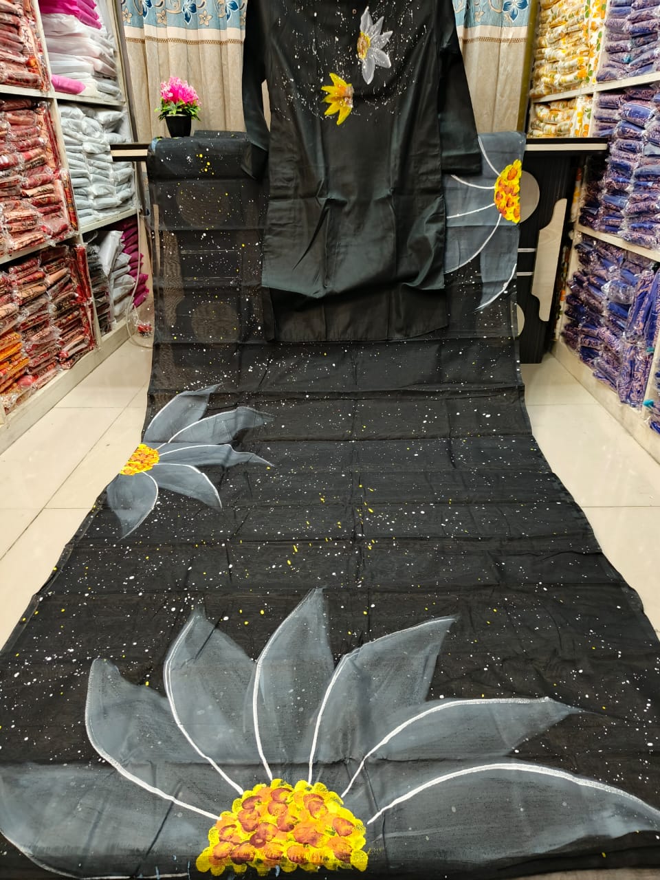 Hand Painted Yellow Couple Sharee Panjabi Set | হাফ সিল্ক শাড়ি ও ধুপিয়ান পাঞ্জাবি কম্বো