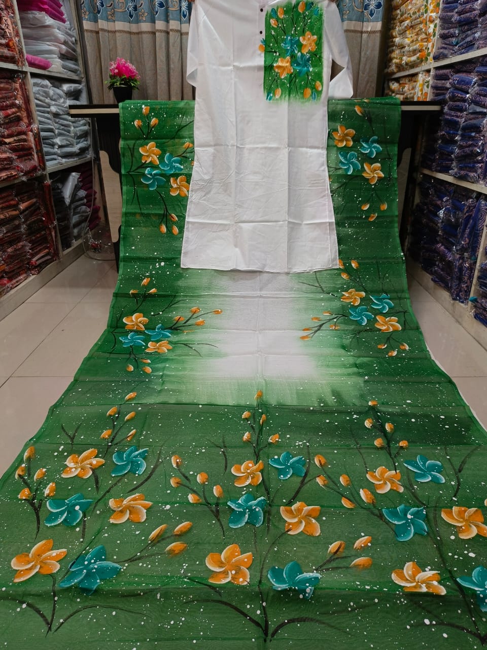 Hand Painted Yellow Couple Sharee Panjabi Set | হাফ সিল্ক শাড়ি ও ধুপিয়ান পাঞ্জাবি কম্বো