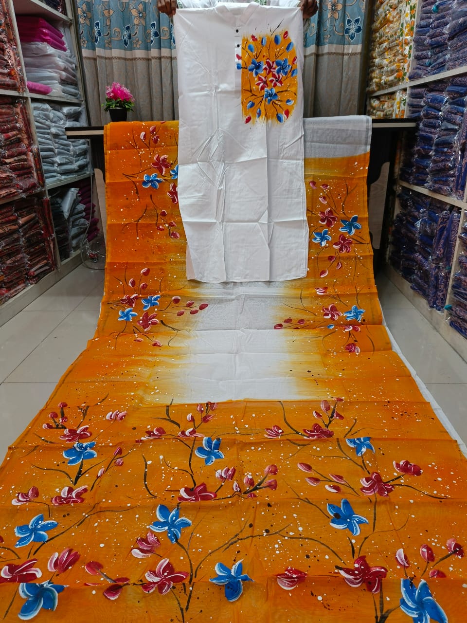 Couple Hand Painted Sharee Panjabi Set | হাফ সিল্ক শাড়ি ও ধুপিয়ান পাঞ্জাবি - ফেস্টিভ পারফেক্ট ড্রেস