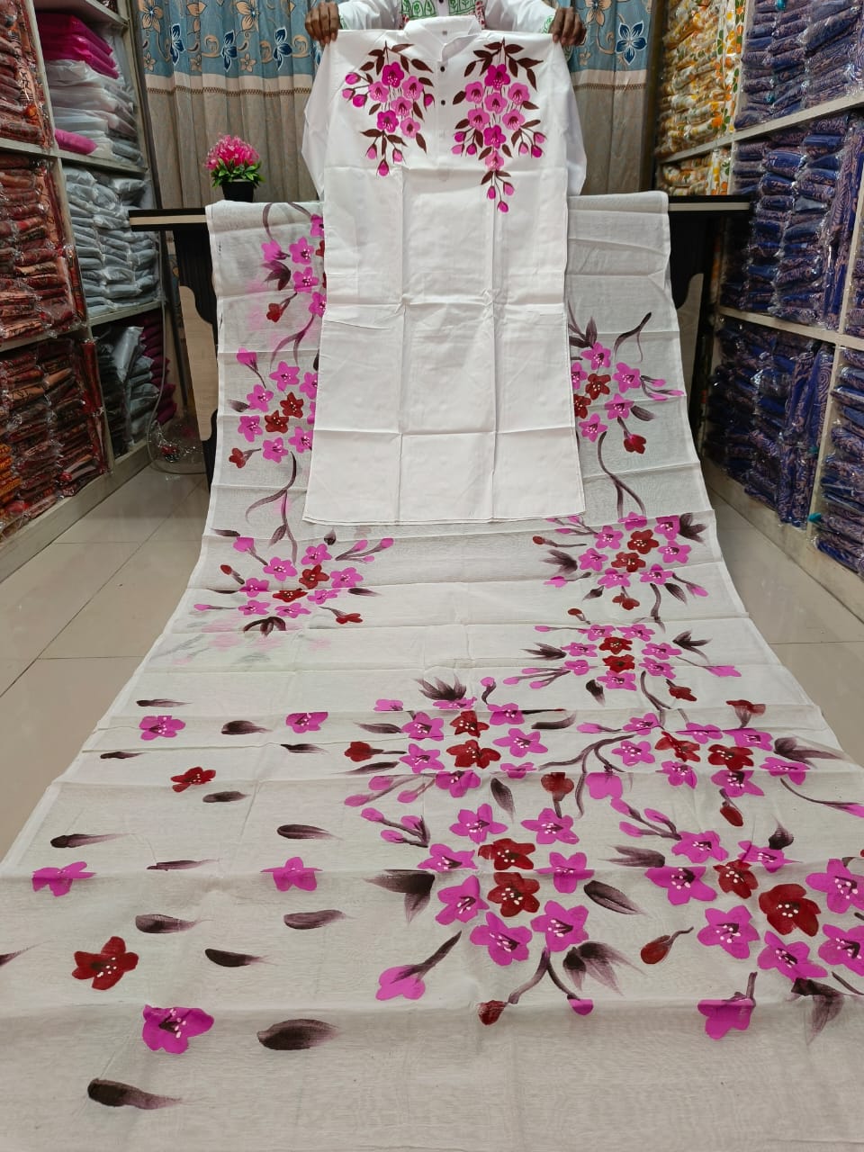 Couple Hand Painted Sharee Panjabi Set | হাফ সিল্ক শাড়ি ও ধুপিয়ান পাঞ্জাবি - ফেস্টিভ পারফেক্ট ড্রেস