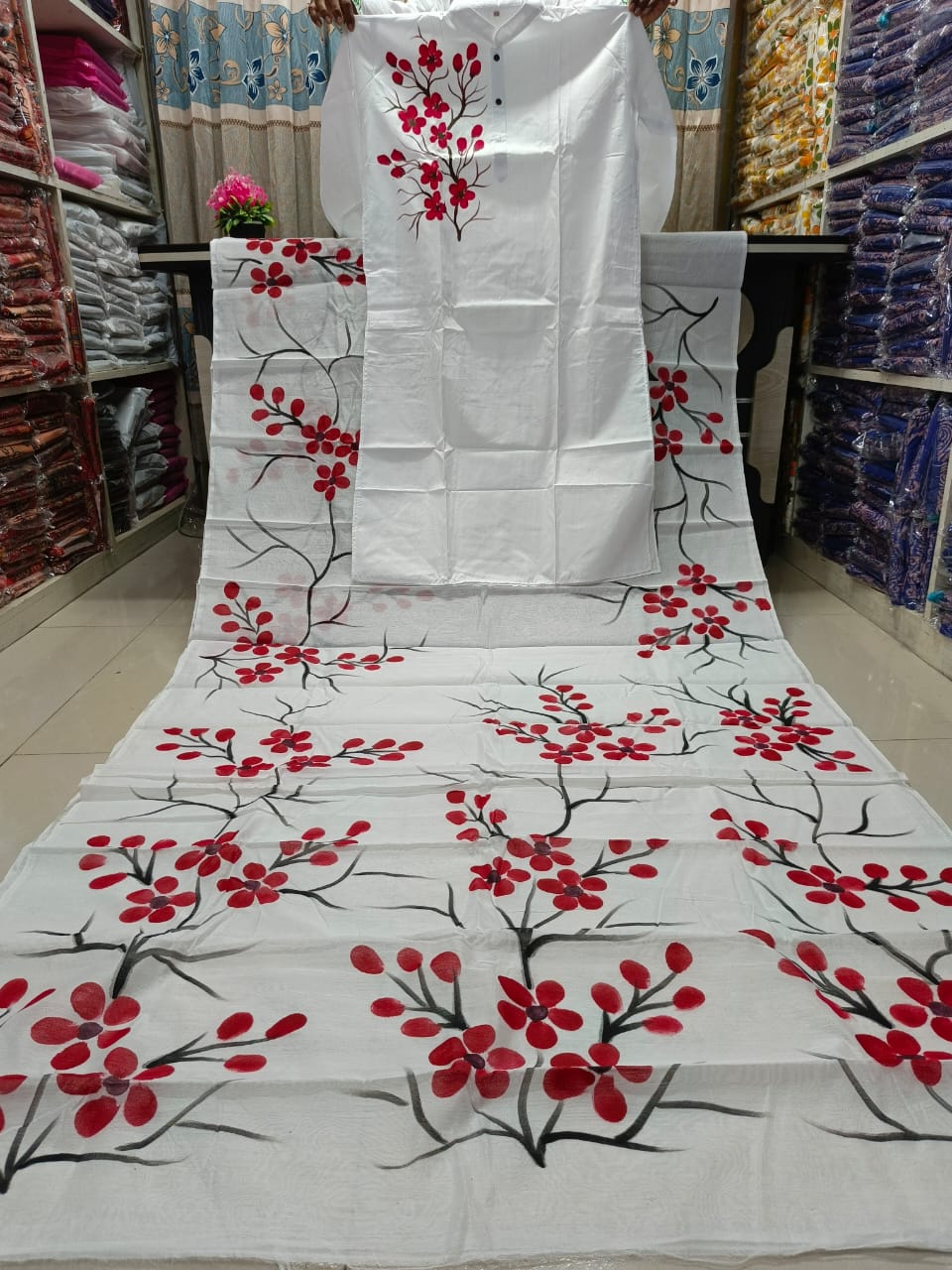 Couple Hand Painted Sharee Panjabi Set | হাফ সিল্ক শাড়ি ও ধুপিয়ান পাঞ্জাবি - ফেস্টিভ পারফেক্ট ড্রেস