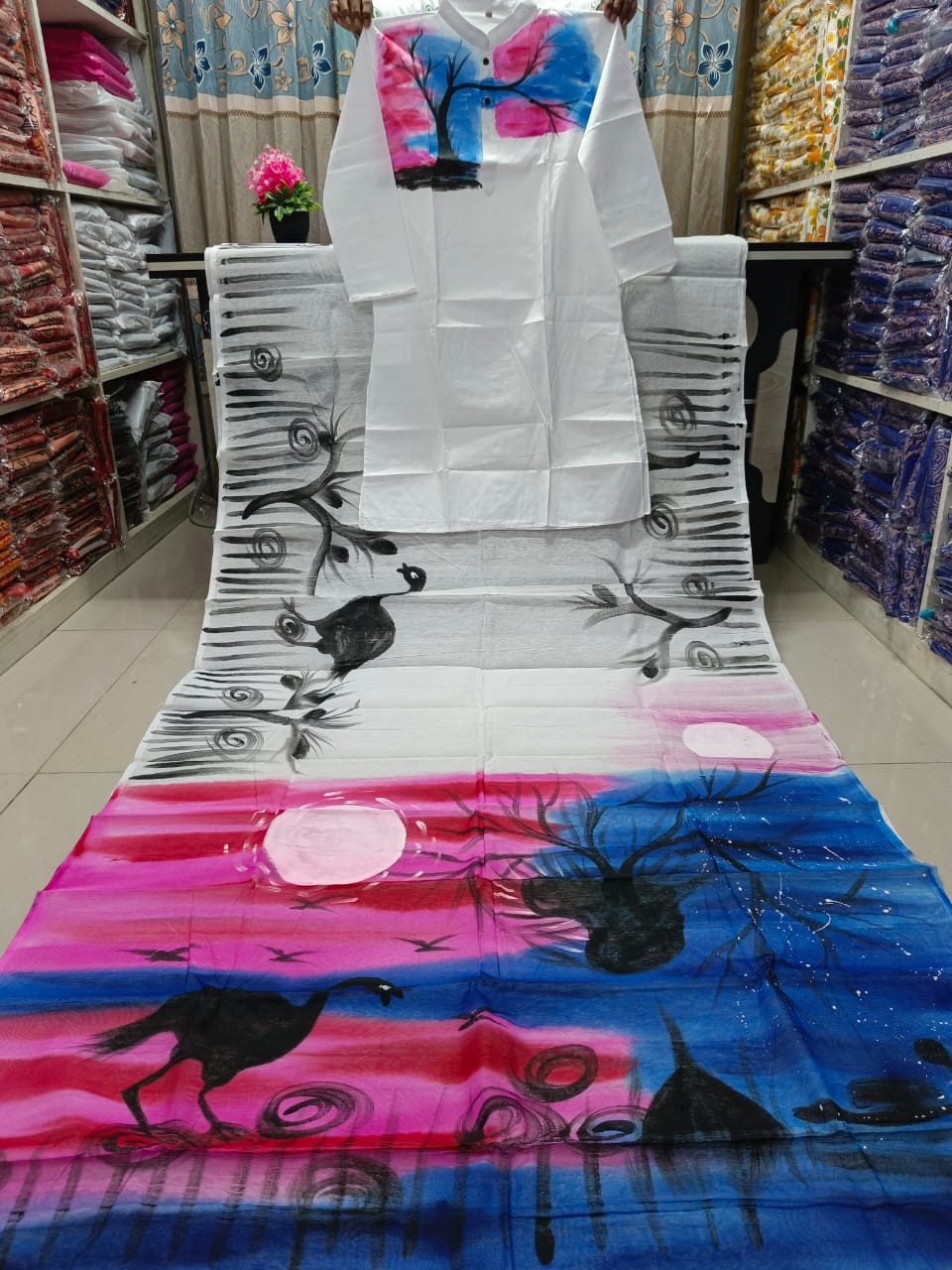 Couple Hand Painted Sharee Panjabi Set | হাফ সিল্ক শাড়ি ও ধুপিয়ান পাঞ্জাবি - ফেস্টিভ পারফেক্ট ড্রেস