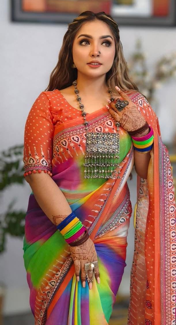 Chanduri Soft Silk Digital Print Saree – ১২.৫ হাত শাড়ি ব্লাউজসহ | Premium Tarsel Anchol Sharee