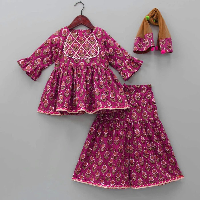 Baby Girl Top with Sharara Set | 3D Digital Print Linen Dress | Stylish Outfit for 3-12 Years