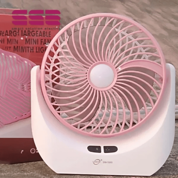 Rechargeable Table Fan with LED Light JY 1880 – 6 Inch Lithium Battery Mini Fan | USB Charging | Low-Mid-High Speed