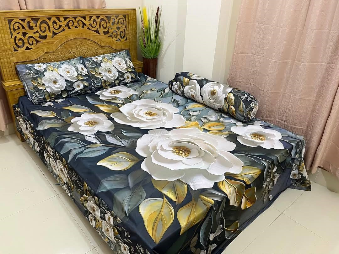 Original 3D Bedsheet Set – 4 pcs | সুইস ভেলভেট ডিজাইন | Soft & Elegant Bed Cover for Home Decor